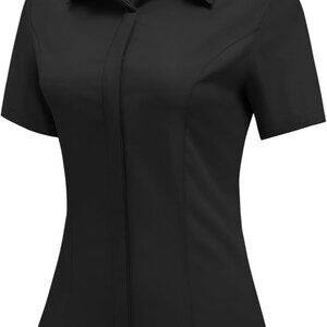 Women Short Sleeve Button Down Shirts Business Work Fitted Collared Blouse Offic